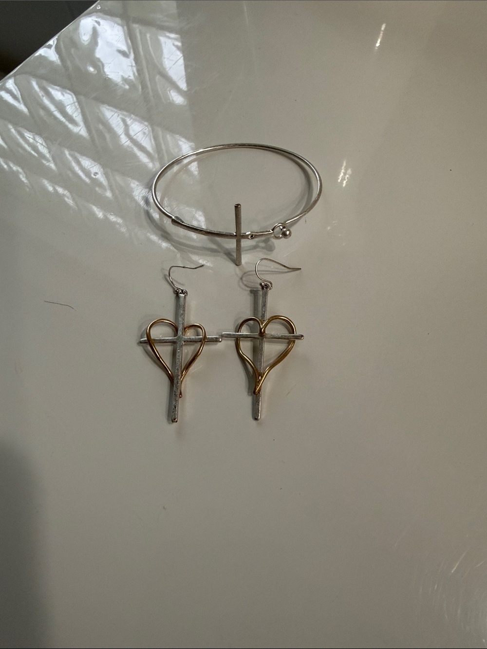 Two-Tone Heart Cross Drop Earrings and Bracelet SET - Silver & Gold